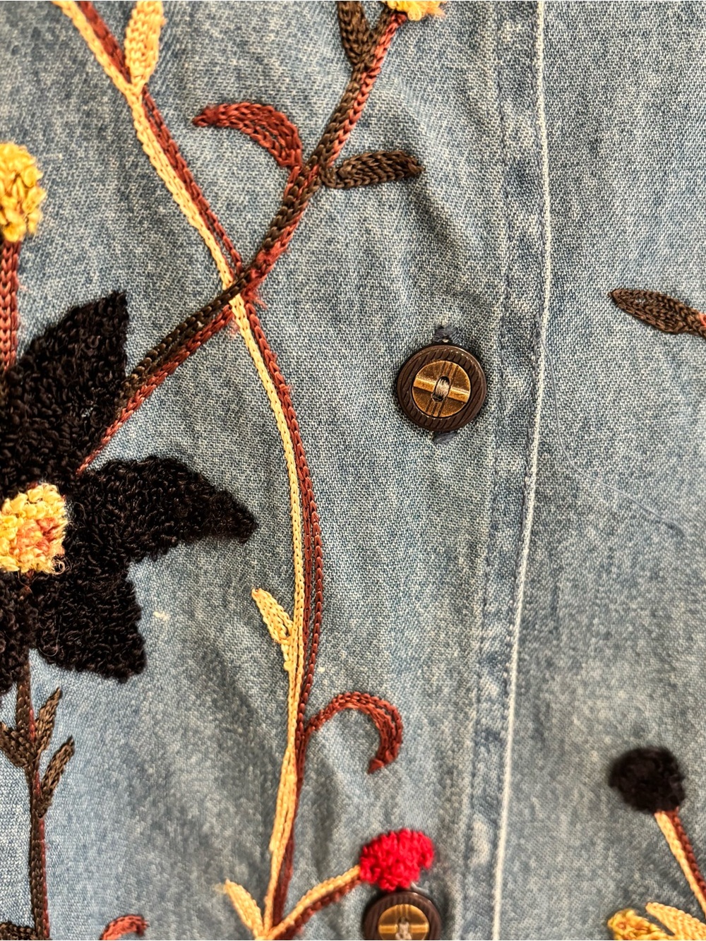 Vintage Embroidered Floral Denim Button-Up Jacket - Red, Black, Gold Flowers - Picture 2 of 5
